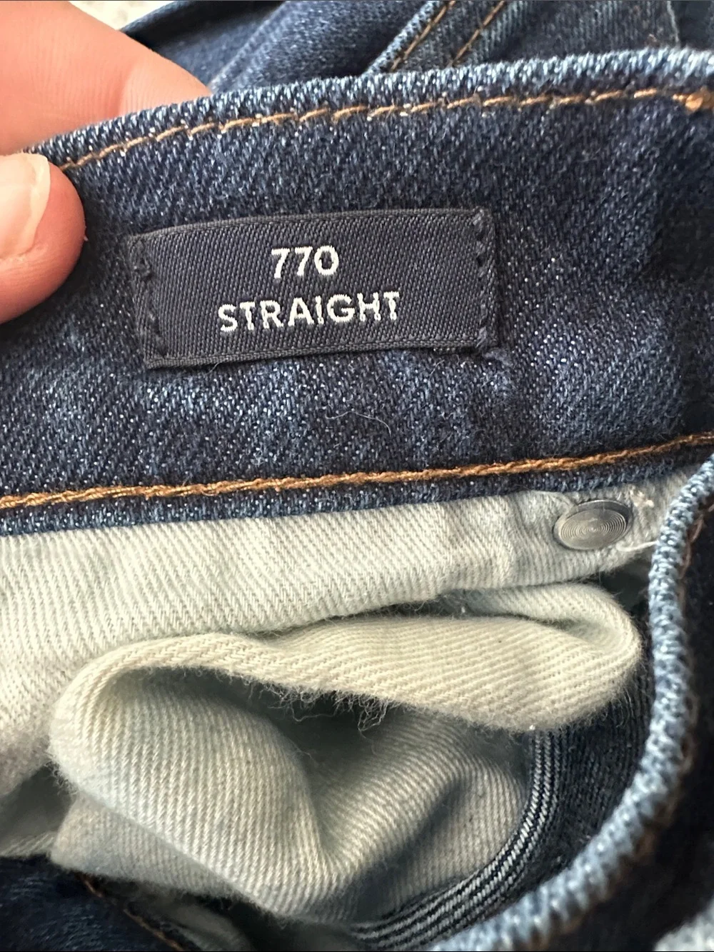 J. Crew Dark Blue Straight-Leg Jeans with Brown Patch